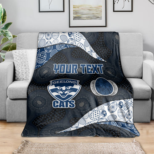 Personalized Geelong Cats Football Blanket Easter Egg Pattern Blue Monochrome Tribal Dot Style
