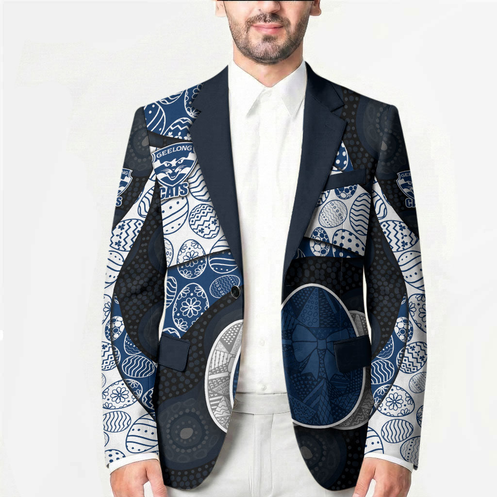 Personalized Geelong Cats Football Blazer Easter Egg Pattern Blue Monochrome Tribal Dot Style
