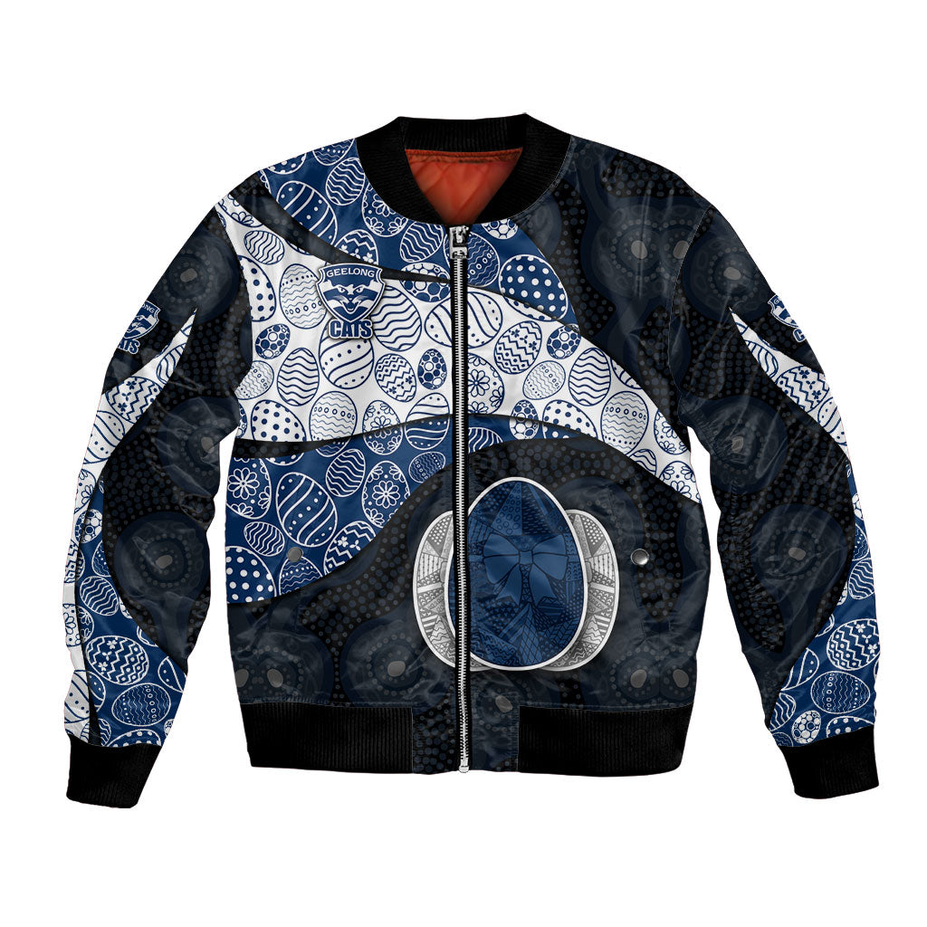 Personalized Geelong Cats Football Bomber Jacket Easter Egg Pattern Blue Monochrome Tribal Dot Style