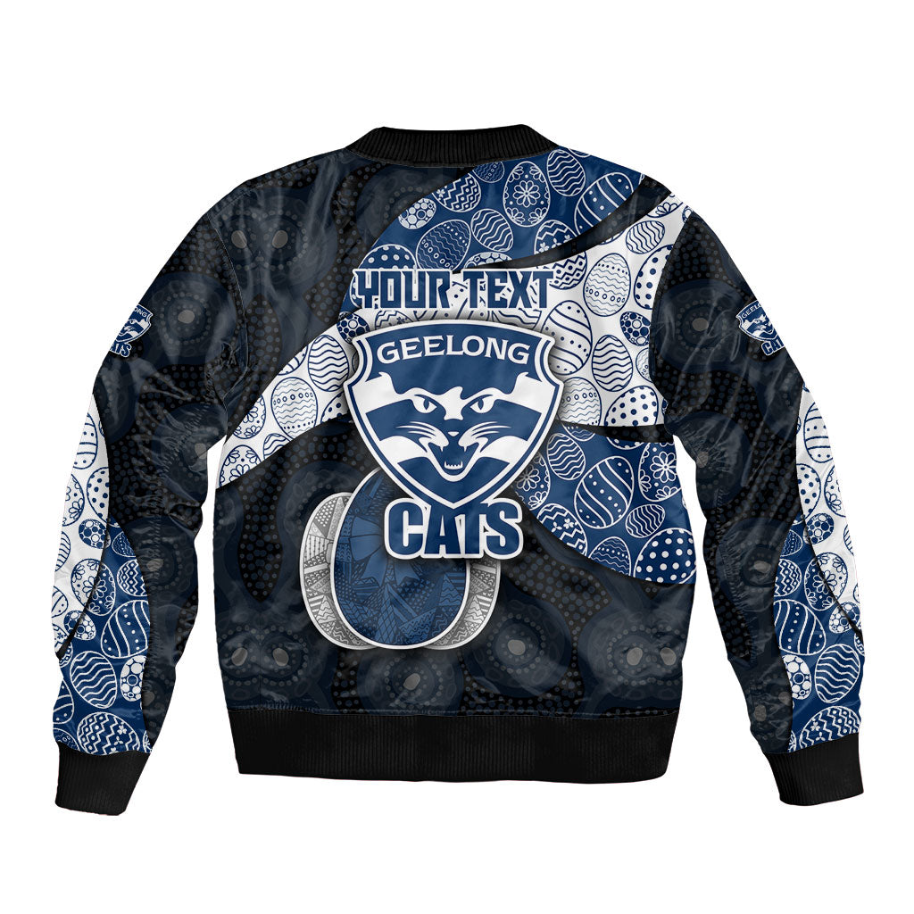 Personalized Geelong Cats Football Bomber Jacket Easter Egg Pattern Blue Monochrome Tribal Dot Style