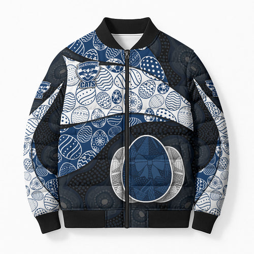 Personalized Geelong Cats Football Bomber Puffer Jacket Easter Egg Pattern Blue Monochrome Tribal Dot Style