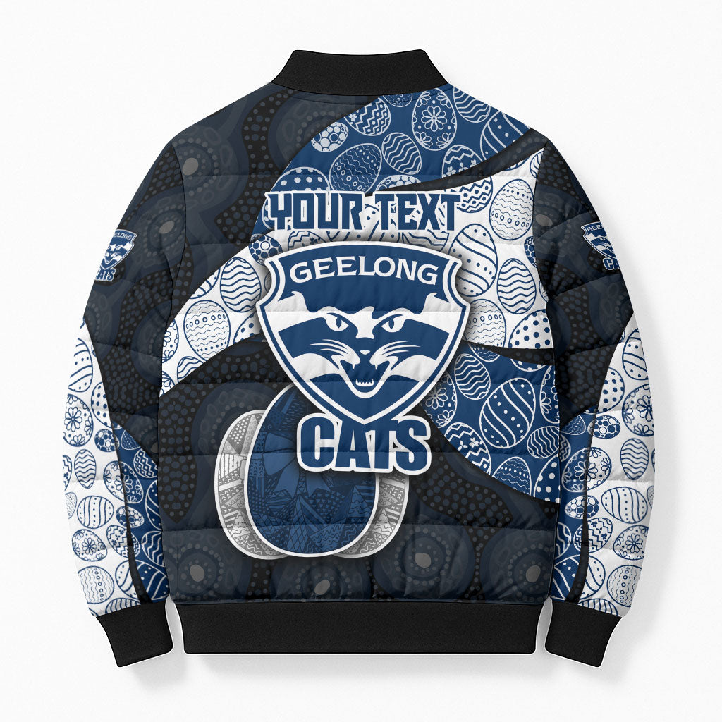 Personalized Geelong Cats Football Bomber Puffer Jacket Easter Egg Pattern Blue Monochrome Tribal Dot Style