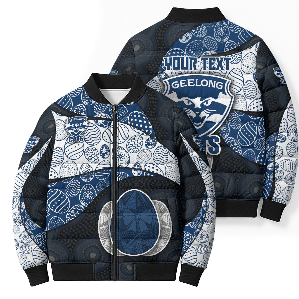 Personalized Geelong Cats Football Bomber Puffer Jacket Easter Egg Pattern Blue Monochrome Tribal Dot Style