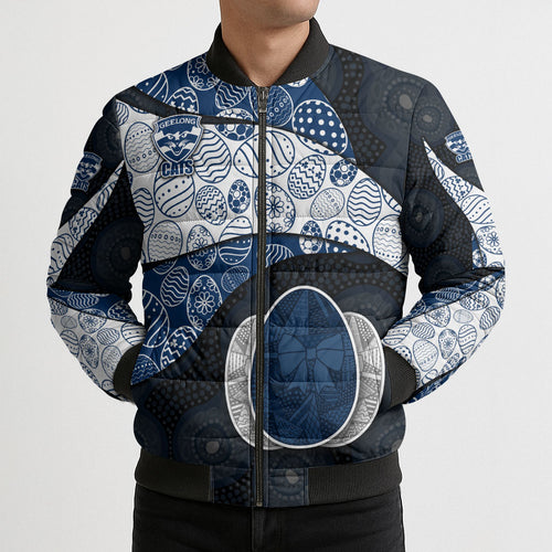 Personalized Geelong Cats Football Bomber Puffer Jacket Easter Egg Pattern Blue Monochrome Tribal Dot Style