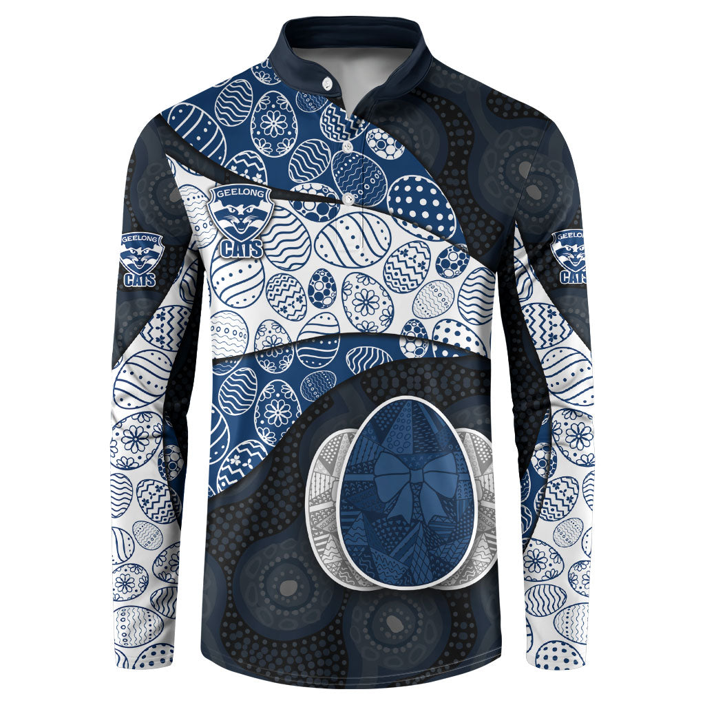 Personalized Geelong Cats Football Button Sweatshirt Easter Egg Pattern Blue Monochrome Tribal Dot Style