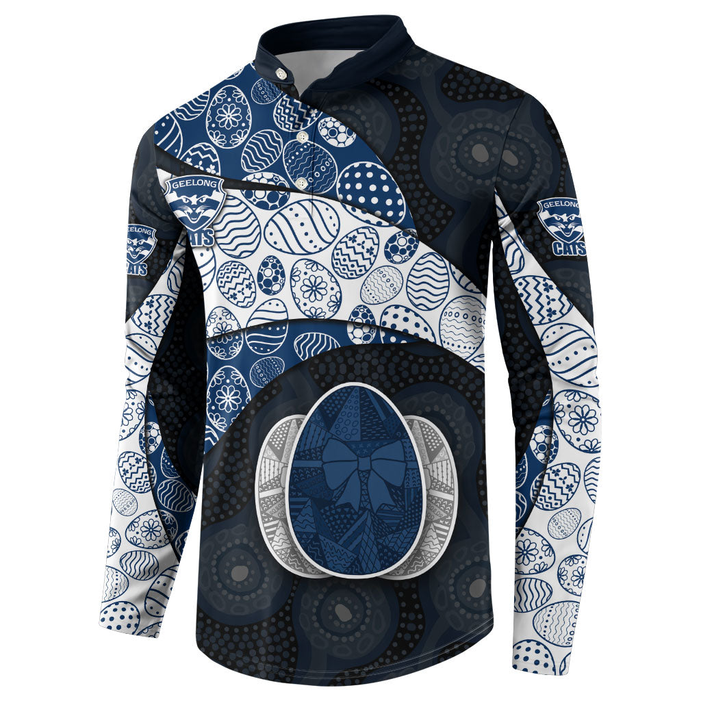 Personalized Geelong Cats Football Button Sweatshirt Easter Egg Pattern Blue Monochrome Tribal Dot Style