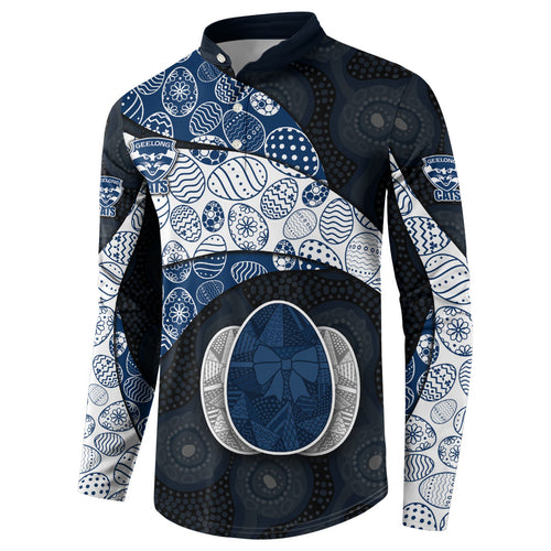 Personalized Geelong Cats Football Button Sweatshirt Easter Egg Pattern Blue Monochrome Tribal Dot Style