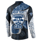 Personalized Geelong Cats Football Button Sweatshirt Easter Egg Pattern Blue Monochrome Tribal Dot Style