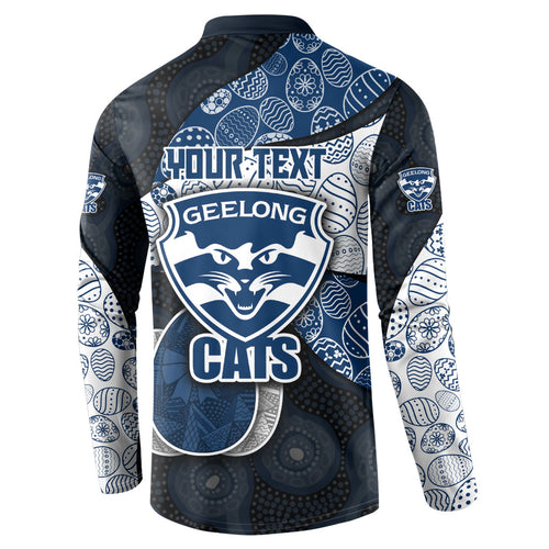 Personalized Geelong Cats Football Button Sweatshirt Easter Egg Pattern Blue Monochrome Tribal Dot Style