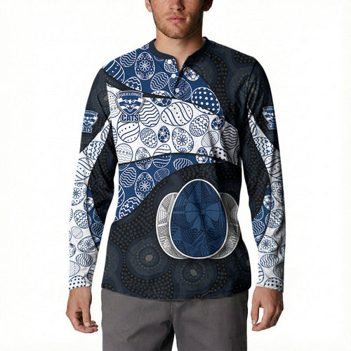 Personalized Geelong Cats Football Button Sweatshirt Easter Egg Pattern Blue Monochrome Tribal Dot Style