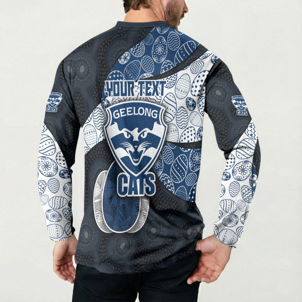 Personalized Geelong Cats Football Button Sweatshirt Easter Egg Pattern Blue Monochrome Tribal Dot Style