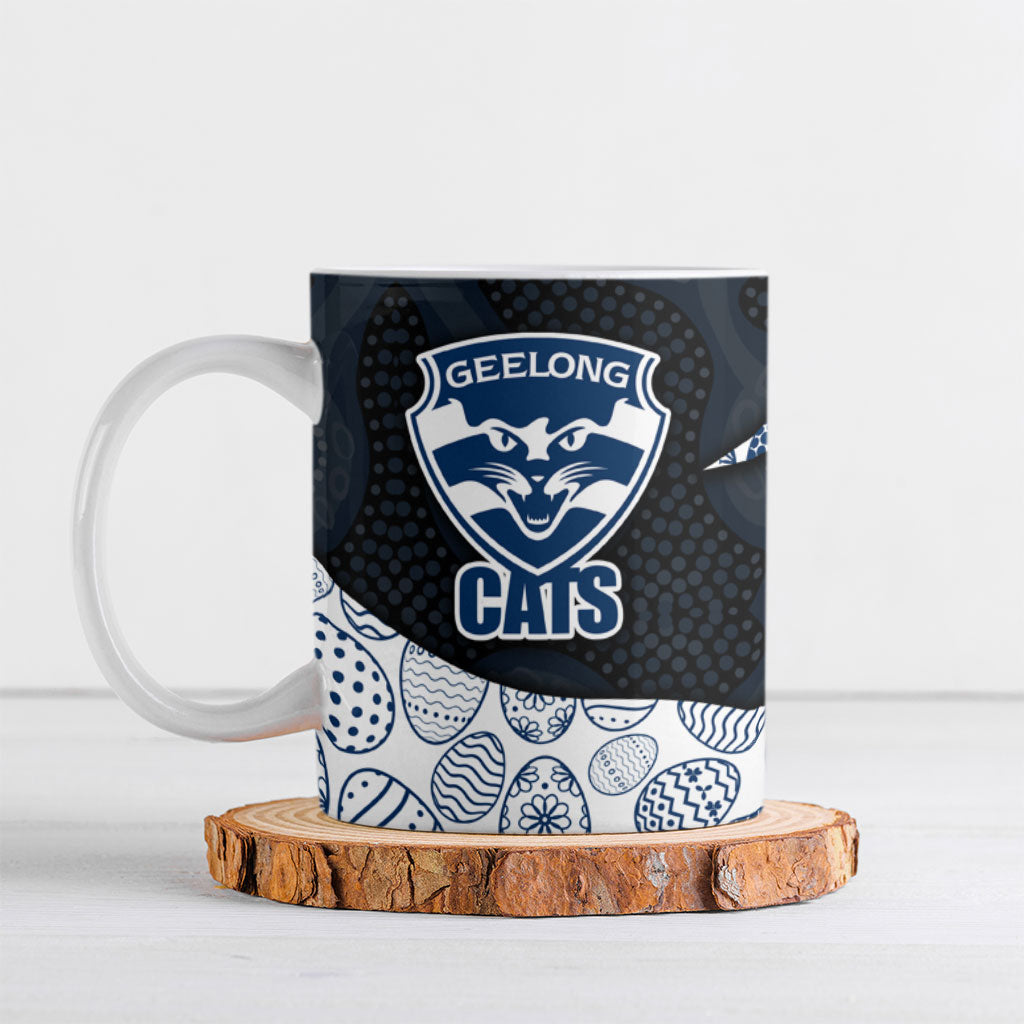 Personalized Geelong Cats Football Ceramic Mug Easter Egg Pattern Blue Monochrome Tribal Dot Style
