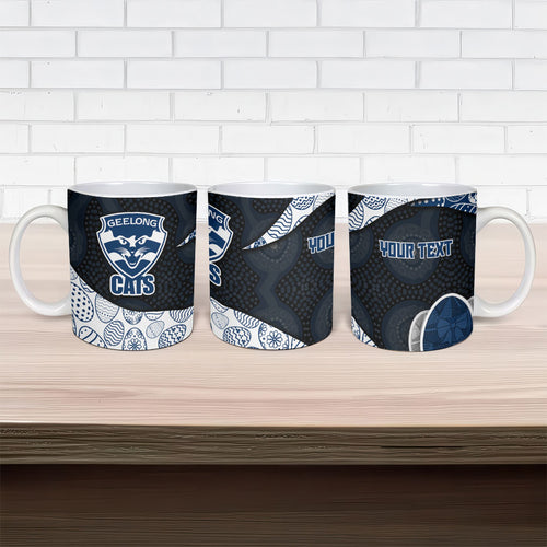 Personalized Geelong Cats Football Ceramic Mug Easter Egg Pattern Blue Monochrome Tribal Dot Style