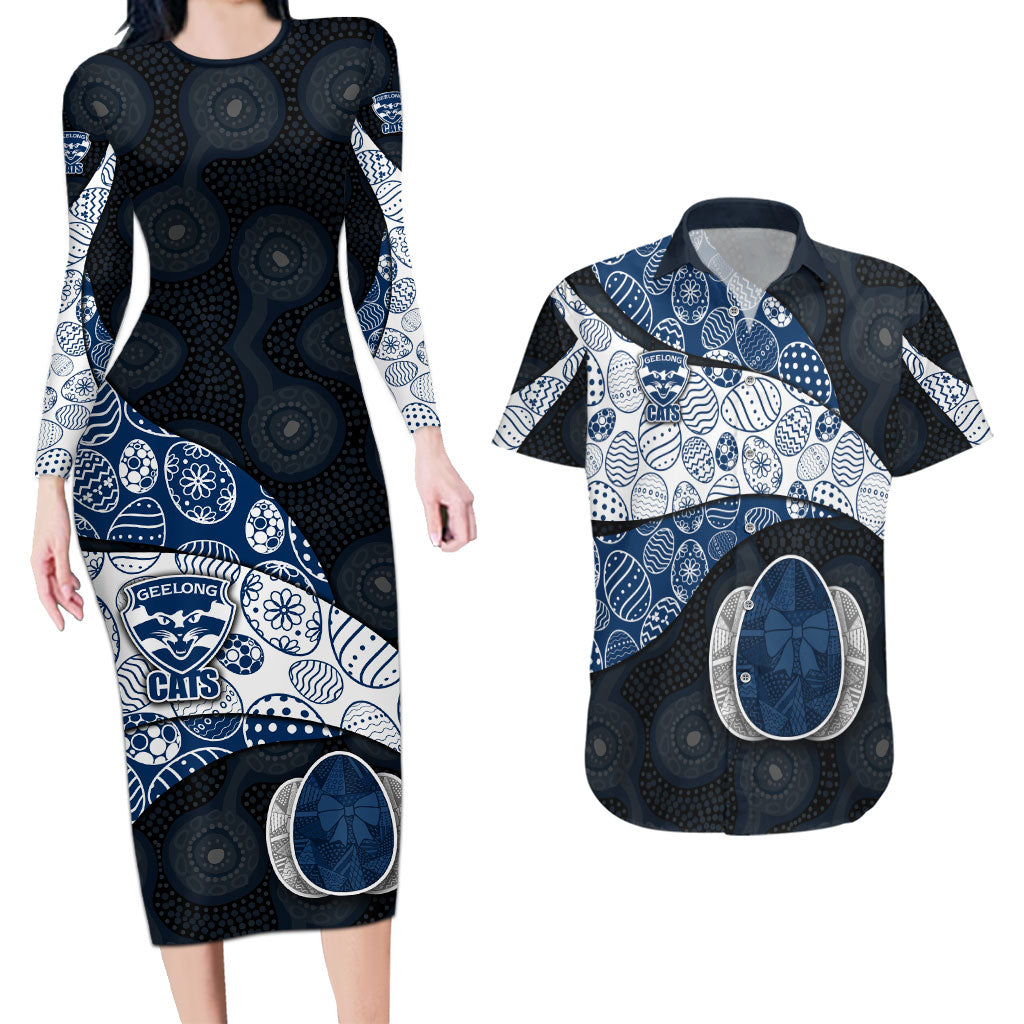 Personalized Geelong Cats Football Couples Matching Long Sleeve Bodycon Dress and Hawaiian Shirt Easter Egg Pattern Blue Monochrome Tribal Dot Style