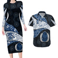 Personalized Geelong Cats Football Couples Matching Long Sleeve Bodycon Dress and Hawaiian Shirt Easter Egg Pattern Blue Monochrome Tribal Dot Style
