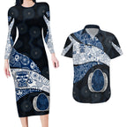 Personalized Geelong Cats Football Couples Matching Long Sleeve Bodycon Dress and Hawaiian Shirt Easter Egg Pattern Blue Monochrome Tribal Dot Style