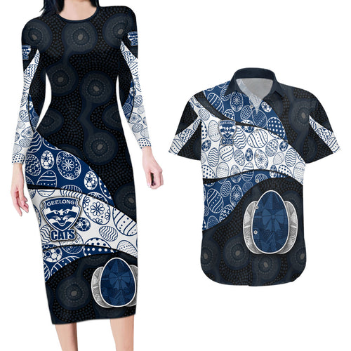 Personalized Geelong Cats Football Couples Matching Long Sleeve Bodycon Dress and Hawaiian Shirt Easter Egg Pattern Blue Monochrome Tribal Dot Style