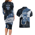 Personalized Geelong Cats Football Couples Matching Long Sleeve Bodycon Dress and Hawaiian Shirt Easter Egg Pattern Blue Monochrome Tribal Dot Style