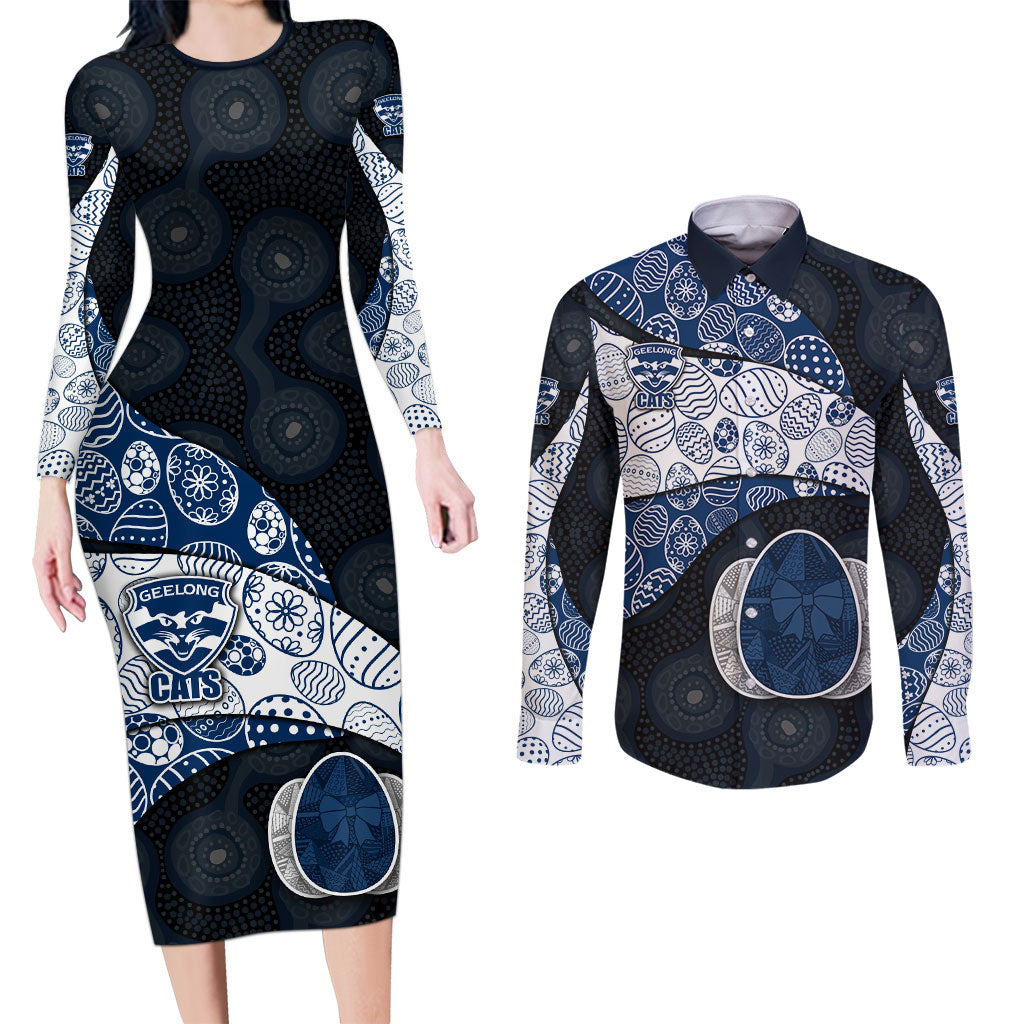 Personalized Geelong Cats Football Couples Matching Long Sleeve Bodycon Dress and Long Sleeve Button Shirt Easter Egg Pattern Blue Monochrome Tribal Dot Style