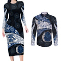 Personalized Geelong Cats Football Couples Matching Long Sleeve Bodycon Dress and Long Sleeve Button Shirt Easter Egg Pattern Blue Monochrome Tribal Dot Style