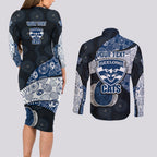 Personalized Geelong Cats Football Couples Matching Long Sleeve Bodycon Dress and Long Sleeve Button Shirt Easter Egg Pattern Blue Monochrome Tribal Dot Style