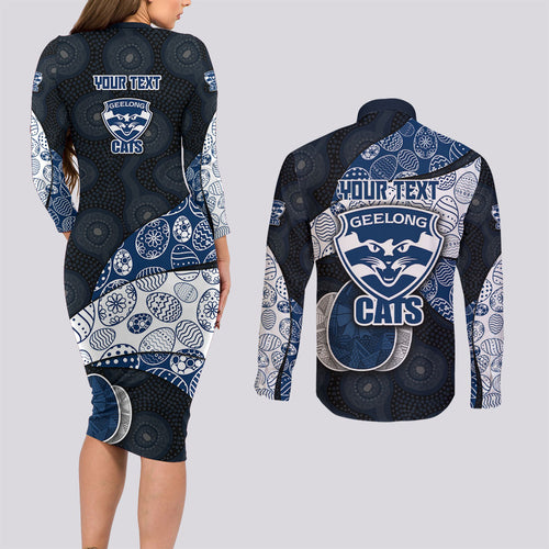 Personalized Geelong Cats Football Couples Matching Long Sleeve Bodycon Dress and Long Sleeve Button Shirt Easter Egg Pattern Blue Monochrome Tribal Dot Style