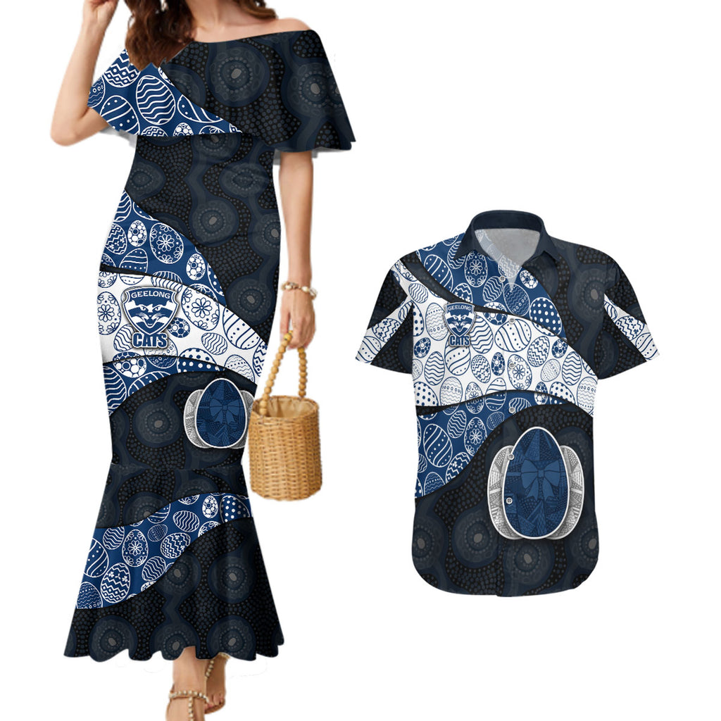 Personalized Geelong Cats Football Couples Matching Mermaid Dress and Hawaiian Shirt Easter Egg Pattern Blue Monochrome Tribal Dot Style