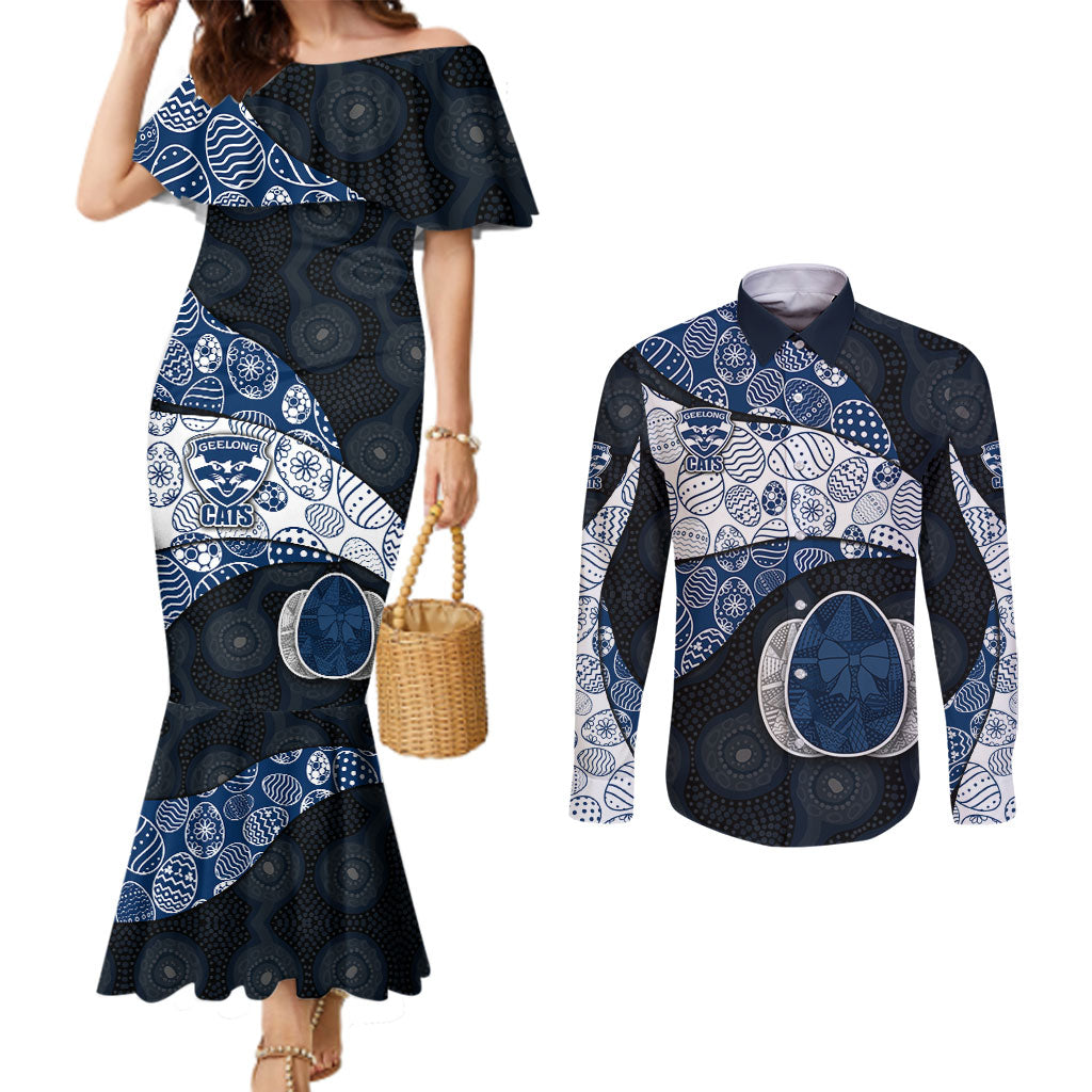 Personalized Geelong Cats Football Couples Matching Mermaid Dress and Long Sleeve Button Shirt Easter Egg Pattern Blue Monochrome Tribal Dot Style