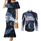 Personalized Geelong Cats Football Couples Matching Mermaid Dress and Long Sleeve Button Shirt Easter Egg Pattern Blue Monochrome Tribal Dot Style