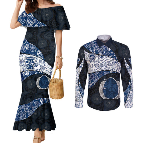 Personalized Geelong Cats Football Couples Matching Mermaid Dress and Long Sleeve Button Shirt Easter Egg Pattern Blue Monochrome Tribal Dot Style