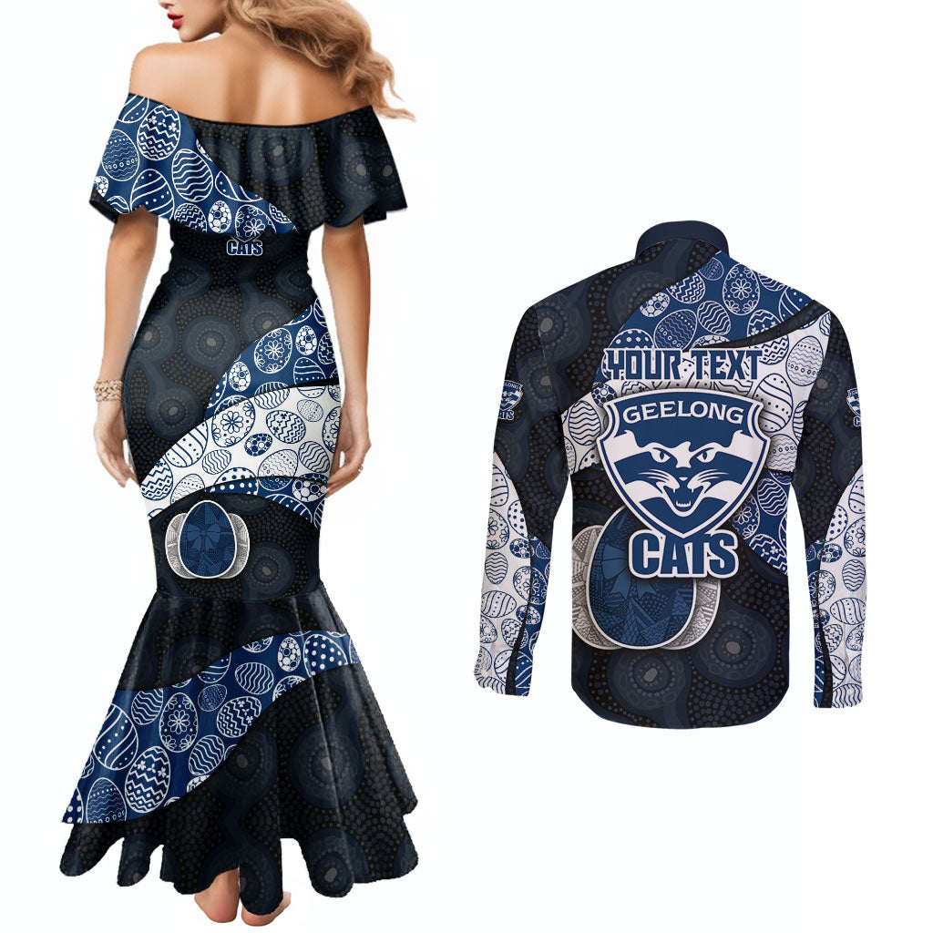 Personalized Geelong Cats Football Couples Matching Mermaid Dress and Long Sleeve Button Shirt Easter Egg Pattern Blue Monochrome Tribal Dot Style