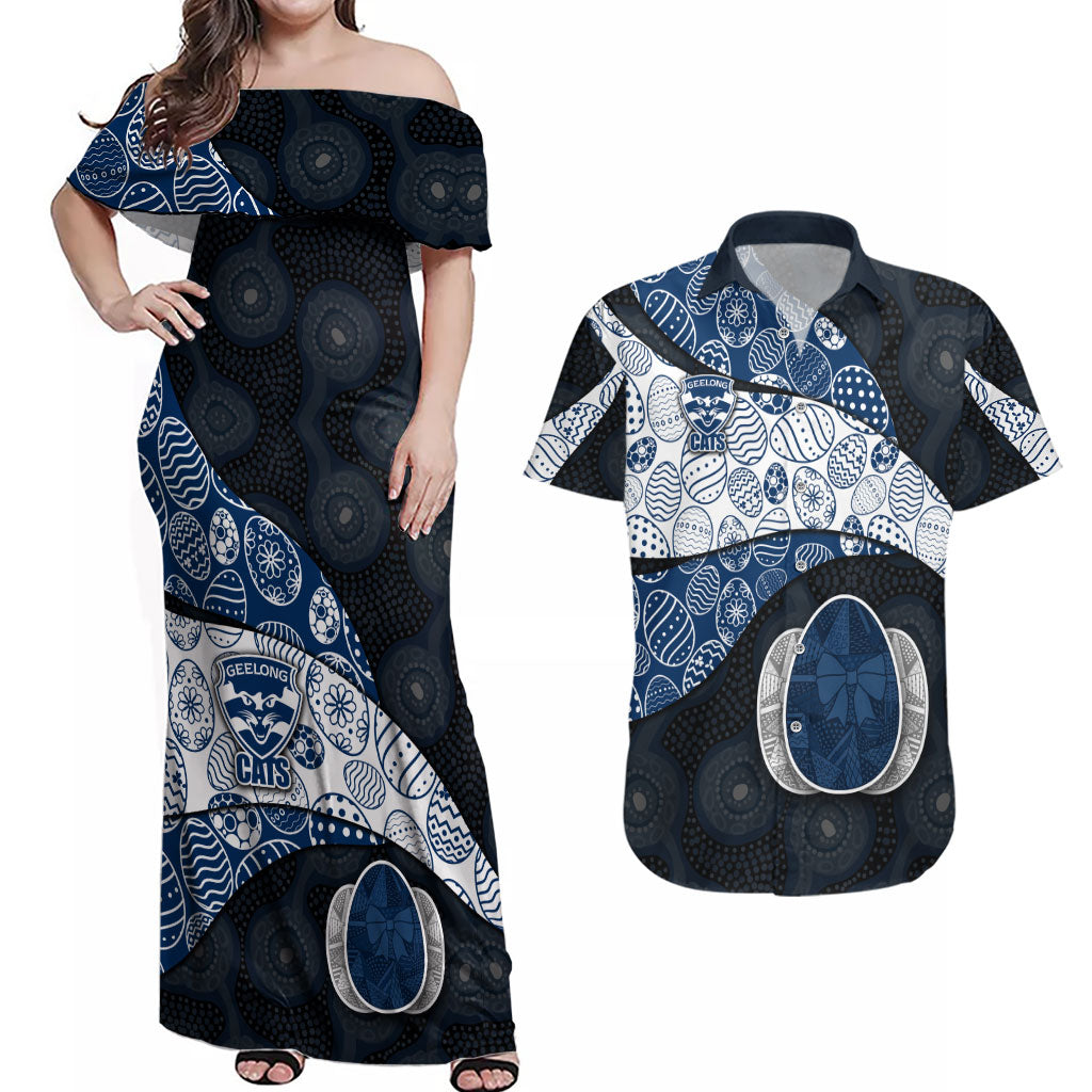 Personalized Geelong Cats Football Couples Matching Off Shoulder Maxi Dress and Hawaiian Shirt Easter Egg Pattern Blue Monochrome Tribal Dot Style