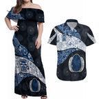 Personalized Geelong Cats Football Couples Matching Off Shoulder Maxi Dress and Hawaiian Shirt Easter Egg Pattern Blue Monochrome Tribal Dot Style