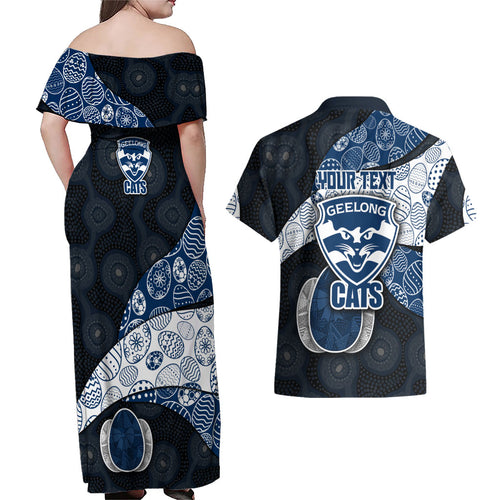 Personalized Geelong Cats Football Couples Matching Off Shoulder Maxi Dress and Hawaiian Shirt Easter Egg Pattern Blue Monochrome Tribal Dot Style