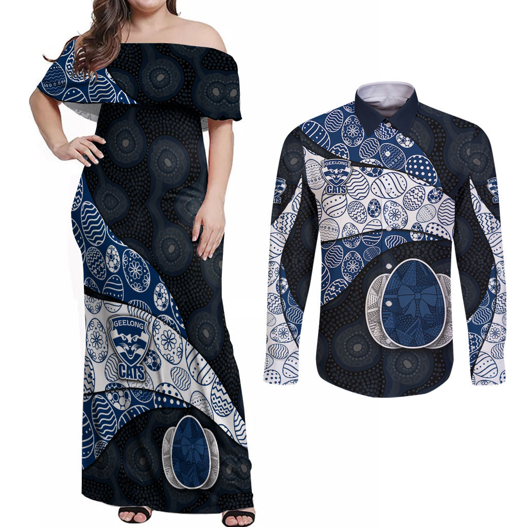 Personalized Geelong Cats Football Couples Matching Off Shoulder Maxi Dress and Long Sleeve Button Shirt Easter Egg Pattern Blue Monochrome Tribal Dot Style
