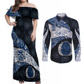 Personalized Geelong Cats Football Couples Matching Off Shoulder Maxi Dress and Long Sleeve Button Shirt Easter Egg Pattern Blue Monochrome Tribal Dot Style