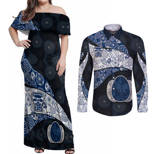 Personalized Geelong Cats Football Couples Matching Off Shoulder Maxi Dress and Long Sleeve Button Shirt Easter Egg Pattern Blue Monochrome Tribal Dot Style