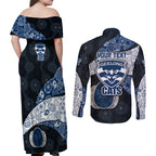 Personalized Geelong Cats Football Couples Matching Off Shoulder Maxi Dress and Long Sleeve Button Shirt Easter Egg Pattern Blue Monochrome Tribal Dot Style