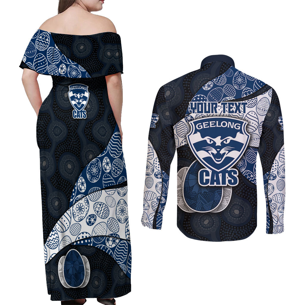 Personalized Geelong Cats Football Couples Matching Off Shoulder Maxi Dress and Long Sleeve Button Shirt Easter Egg Pattern Blue Monochrome Tribal Dot Style