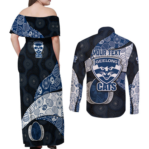 Personalized Geelong Cats Football Couples Matching Off Shoulder Maxi Dress and Long Sleeve Button Shirt Easter Egg Pattern Blue Monochrome Tribal Dot Style