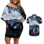 Personalized Geelong Cats Football Couples Matching Off Shoulder Short Dress and Hawaiian Shirt Easter Egg Pattern Blue Monochrome Tribal Dot Style