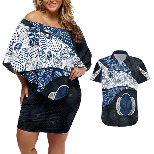 Personalized Geelong Cats Football Couples Matching Off Shoulder Short Dress and Hawaiian Shirt Easter Egg Pattern Blue Monochrome Tribal Dot Style