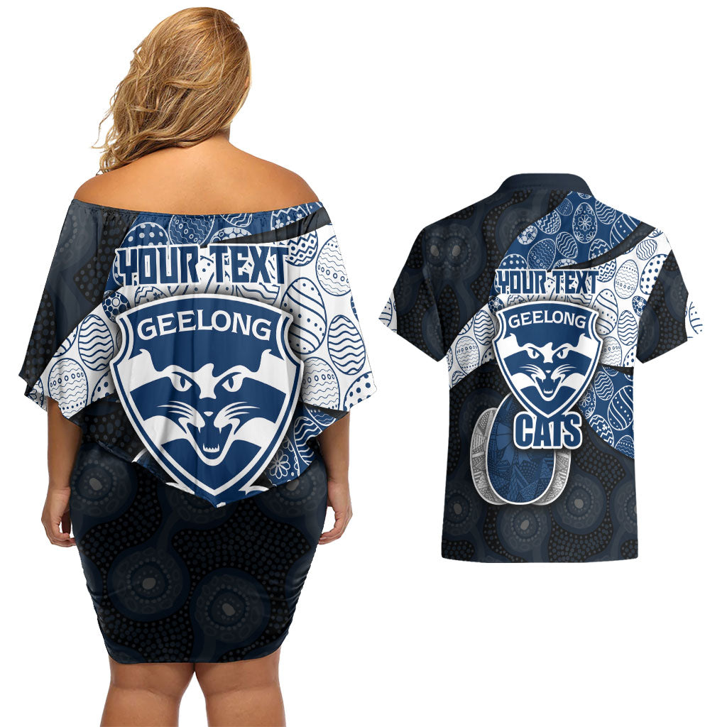 Personalized Geelong Cats Football Couples Matching Off Shoulder Short Dress and Hawaiian Shirt Easter Egg Pattern Blue Monochrome Tribal Dot Style