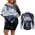 Personalized Geelong Cats Football Couples Matching Off Shoulder Short Dress and Long Sleeve Button Shirt Easter Egg Pattern Blue Monochrome Tribal Dot Style