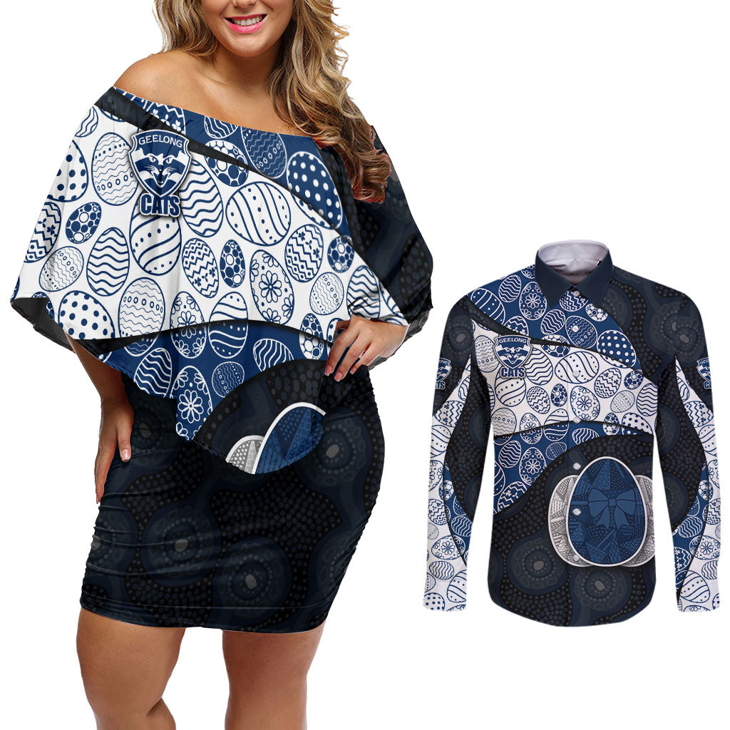 Personalized Geelong Cats Football Couples Matching Off Shoulder Short Dress and Long Sleeve Button Shirt Easter Egg Pattern Blue Monochrome Tribal Dot Style