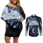 Personalized Geelong Cats Football Couples Matching Off Shoulder Short Dress and Long Sleeve Button Shirt Easter Egg Pattern Blue Monochrome Tribal Dot Style