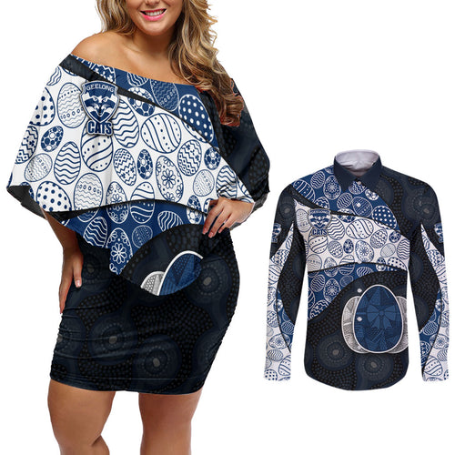 Personalized Geelong Cats Football Couples Matching Off Shoulder Short Dress and Long Sleeve Button Shirt Easter Egg Pattern Blue Monochrome Tribal Dot Style
