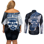 Personalized Geelong Cats Football Couples Matching Off Shoulder Short Dress and Long Sleeve Button Shirt Easter Egg Pattern Blue Monochrome Tribal Dot Style