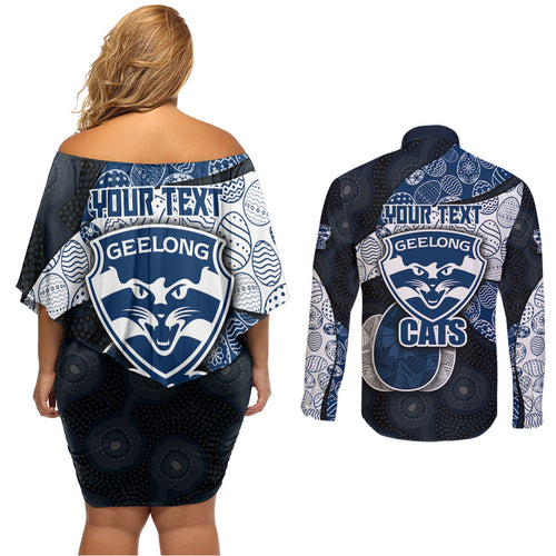 Personalized Geelong Cats Football Couples Matching Off Shoulder Short Dress and Long Sleeve Button Shirt Easter Egg Pattern Blue Monochrome Tribal Dot Style