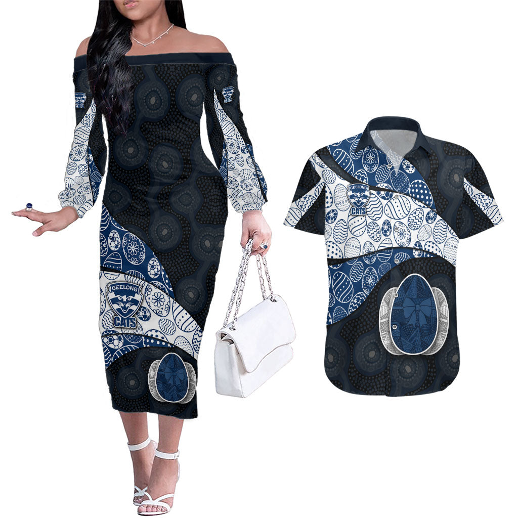 Personalized Geelong Cats Football Couples Matching Off The Shoulder Long Sleeve Dress and Hawaiian Shirt Easter Egg Pattern Blue Monochrome Tribal Dot Style